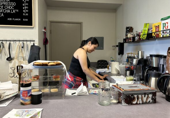 Maluisa Fuentes, a freshman in Hankin’s class, works the noon to 2 p.m. shift at Daytime Java on Friday, Oct. 11. Fuentes enjoys being able to connect with different people through this activity.